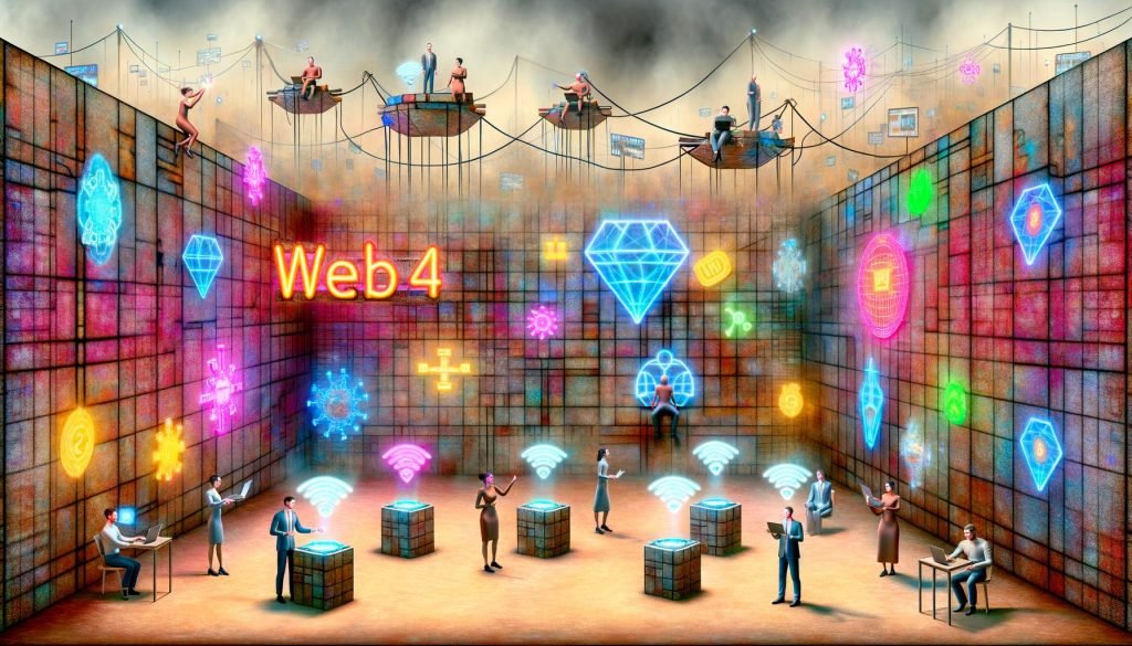 Surreale Web4-Dorfszene mit Neonlichtern, geschäftigen Influencern, holografischen Grafiken, verstaubten Web3-Bannern und schwebenden Metaverse- sowie KI-Icons.
