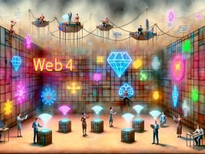 Surreale Web4-Dorfszene mit Neonlichtern, geschäftigen Influencern, holografischen Grafiken, verstaubten Web3-Bannern und schwebenden Metaverse- sowie KI-Icons.