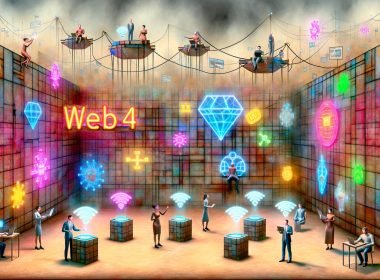 Surreale Web4-Dorfszene mit Neonlichtern, geschäftigen Influencern, holografischen Grafiken, verstaubten Web3-Bannern und schwebenden Metaverse- sowie KI-Icons.
