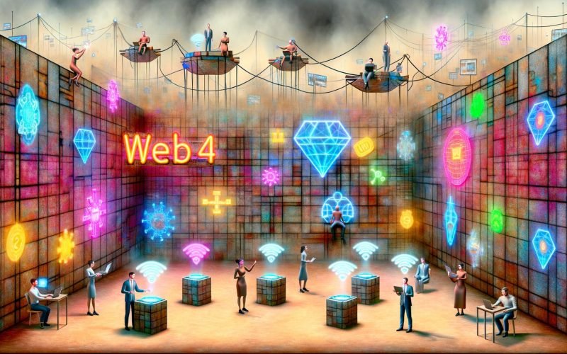 Surreale Web4-Dorfszene mit Neonlichtern, geschäftigen Influencern, holografischen Grafiken, verstaubten Web3-Bannern und schwebenden Metaverse- sowie KI-Icons.
