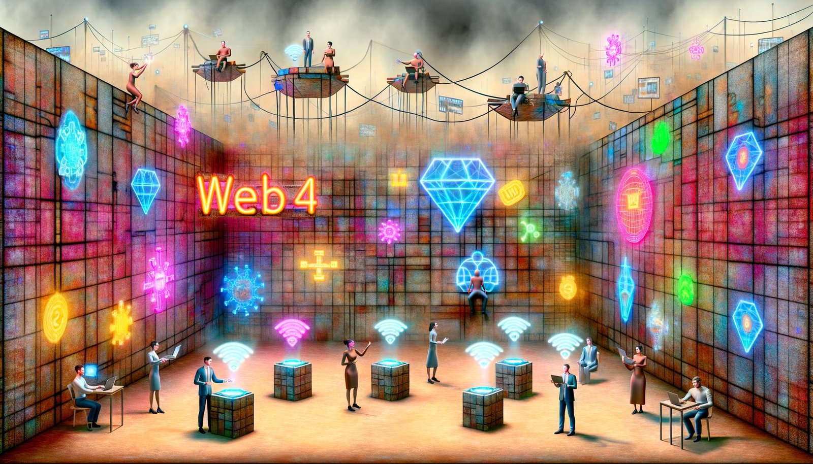 Surreale Web4-Dorfszene mit Neonlichtern, geschäftigen Influencern, holografischen Grafiken, verstaubten Web3-Bannern und schwebenden Metaverse- sowie KI-Icons.