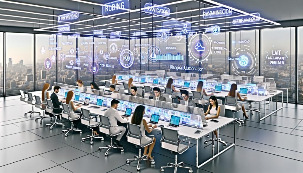 Futuristischer PR-Arbeitsplatz 2025 mit digitalen Bildschirmen, KI-Technologie und jungen, diversen Mitarbeitenden