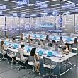 Futuristischer PR-Arbeitsplatz 2025 mit digitalen Bildschirmen, KI-Technologie und jungen, diversen Mitarbeitenden