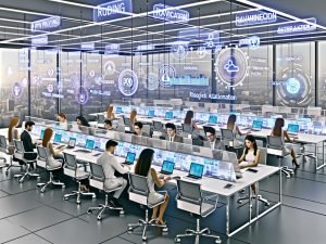 Futuristischer PR-Arbeitsplatz 2025 mit digitalen Bildschirmen, KI-Technologie und jungen, diversen Mitarbeitenden