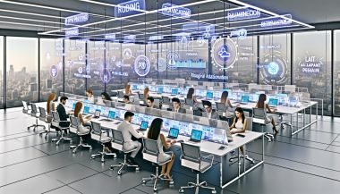 Futuristischer PR-Arbeitsplatz 2025 mit digitalen Bildschirmen, KI-Technologie und jungen, diversen Mitarbeitenden