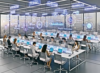 Futuristischer PR-Arbeitsplatz 2025 mit digitalen Bildschirmen, KI-Technologie und jungen, diversen Mitarbeitenden