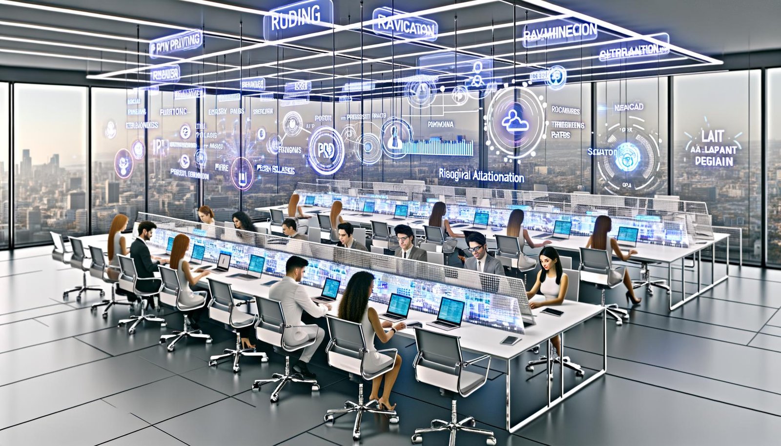 Futuristischer PR-Arbeitsplatz 2025 mit digitalen Bildschirmen, KI-Technologie und jungen, diversen Mitarbeitenden