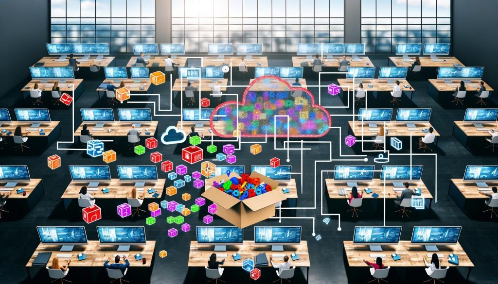 Vogelperspektive eines modernen Marketingbüros mit Monitoren, digitalen Datenfluss-Symbolen, gestapelten Legosteinen und einer geordneten Pipeline auf dem Whiteboard.