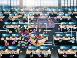 Vogelperspektive eines modernen Marketingbüros mit Monitoren, digitalen Datenfluss-Symbolen, gestapelten Legosteinen und einer geordneten Pipeline auf dem Whiteboard.