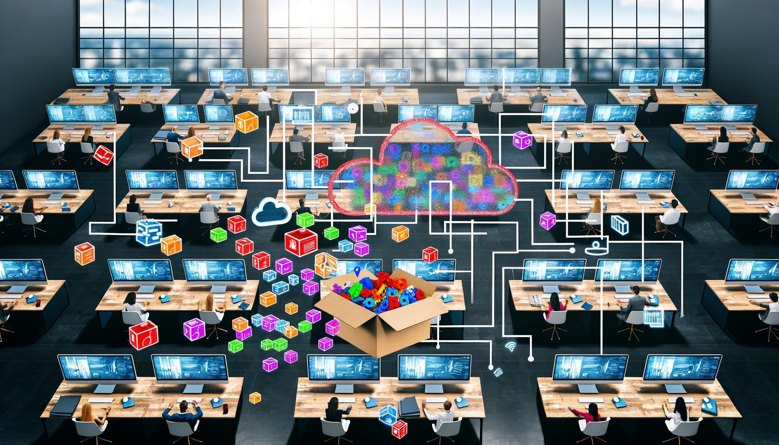 Vogelperspektive eines modernen Marketingbüros mit Monitoren, digitalen Datenfluss-Symbolen, gestapelten Legosteinen und einer geordneten Pipeline auf dem Whiteboard.