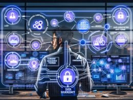 Futuristischer B2B-Marketer an Workstation mit Hologrammen von LinkedIn-Logos, Consent-Icons, Datenpipelines, Analyse-Dashboards und Audience Network in kühlen Blau- und Lilatönen.