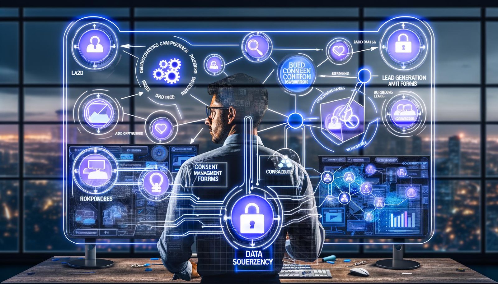 Futuristischer B2B-Marketer an Workstation mit Hologrammen von LinkedIn-Logos, Consent-Icons, Datenpipelines, Analyse-Dashboards und Audience Network in kühlen Blau- und Lilatönen.