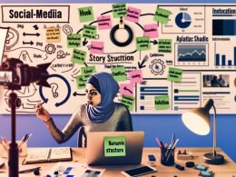 Kreativer Social-Media-Arbeitsplatz mit Creator am Schreibtisch, umgeben von Ringlicht, Smartphone, Storyboard-Skizzen, Laptop, Moodboard und digitalen AR-Elementen wie Hashtags und Emoji-Reaktionen.