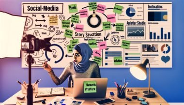 Kreativer Social-Media-Arbeitsplatz mit Creator am Schreibtisch, umgeben von Ringlicht, Smartphone, Storyboard-Skizzen, Laptop, Moodboard und digitalen AR-Elementen wie Hashtags und Emoji-Reaktionen.