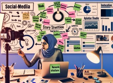 Kreativer Social-Media-Arbeitsplatz mit Creator am Schreibtisch, umgeben von Ringlicht, Smartphone, Storyboard-Skizzen, Laptop, Moodboard und digitalen AR-Elementen wie Hashtags und Emoji-Reaktionen.