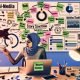 Kreativer Social-Media-Arbeitsplatz mit Creator am Schreibtisch, umgeben von Ringlicht, Smartphone, Storyboard-Skizzen, Laptop, Moodboard und digitalen AR-Elementen wie Hashtags und Emoji-Reaktionen.