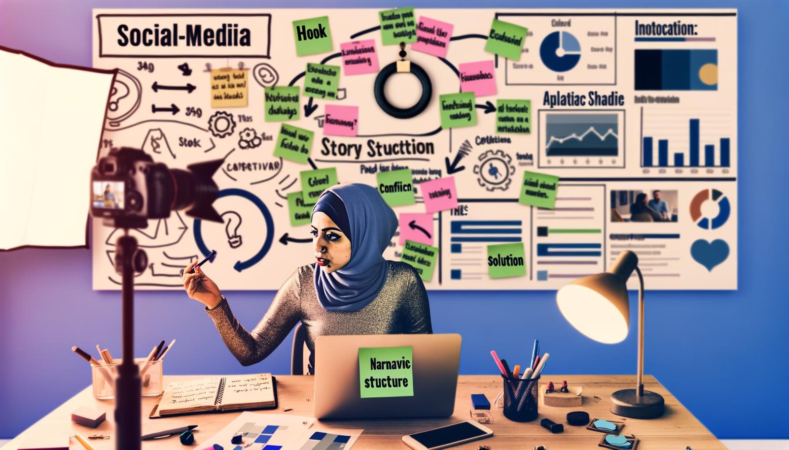Kreativer Social-Media-Arbeitsplatz mit Creator am Schreibtisch, umgeben von Ringlicht, Smartphone, Storyboard-Skizzen, Laptop, Moodboard und digitalen AR-Elementen wie Hashtags und Emoji-Reaktionen.