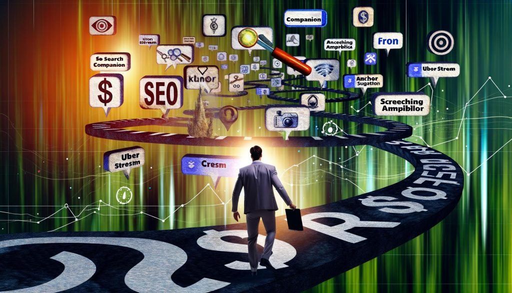 Illustration eines Marketers, der mit Laptop durch einen digitalen Dschungel voller schwebender Icons bekannter kostenloser SEO-Tools navigiert, umgeben von Datenlinien, Dollarzeichen, Lupen und Warnsymbolen.
