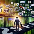 Illustration eines Marketers, der mit Laptop durch einen digitalen Dschungel voller schwebender Icons bekannter kostenloser SEO-Tools navigiert, umgeben von Datenlinien, Dollarzeichen, Lupen und Warnsymbolen.