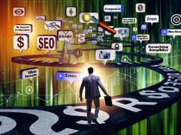 Illustration eines Marketers, der mit Laptop durch einen digitalen Dschungel voller schwebender Icons bekannter kostenloser SEO-Tools navigiert, umgeben von Datenlinien, Dollarzeichen, Lupen und Warnsymbolen.