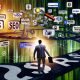 Illustration eines Marketers, der mit Laptop durch einen digitalen Dschungel voller schwebender Icons bekannter kostenloser SEO-Tools navigiert, umgeben von Datenlinien, Dollarzeichen, Lupen und Warnsymbolen.