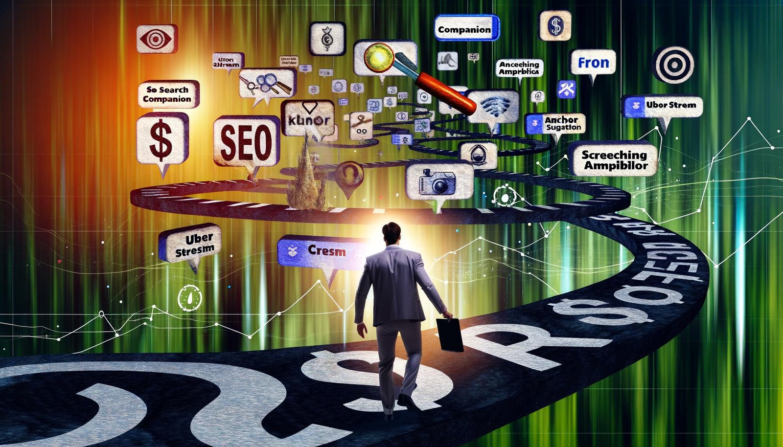 Illustration eines Marketers, der mit Laptop durch einen digitalen Dschungel voller schwebender Icons bekannter kostenloser SEO-Tools navigiert, umgeben von Datenlinien, Dollarzeichen, Lupen und Warnsymbolen.