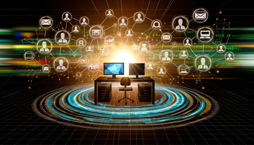 Illustration eines modernen Pressevertriebsbüros mit Monitoren, Datenströmen und vernetzten Medienexperten für multimediale Nachrichtenverteilung.