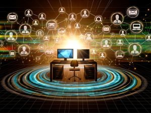 Illustration eines modernen Pressevertriebsbüros mit Monitoren, Datenströmen und vernetzten Medienexperten für multimediale Nachrichtenverteilung.