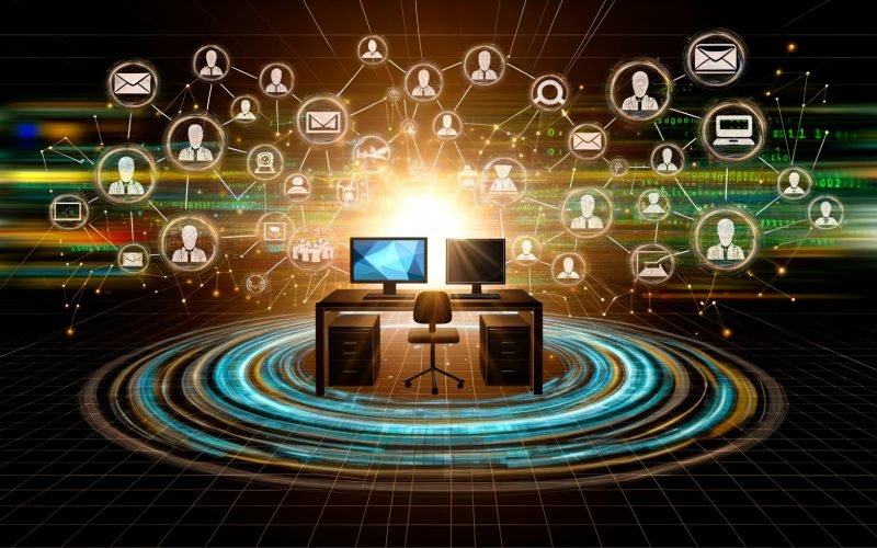 Illustration eines modernen Pressevertriebsbüros mit Monitoren, Datenströmen und vernetzten Medienexperten für multimediale Nachrichtenverteilung.