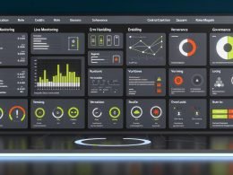 Dark-Mode Dashboard mit Kacheln für Live Monitoring, Fehlerhandling, Versionierung und Governance sowie Echtzeit-Charts und Sidebar mit Zapier-Integrationen.