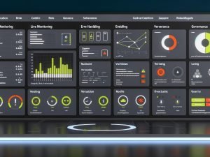 Dark-Mode Dashboard mit Kacheln für Live Monitoring, Fehlerhandling, Versionierung und Governance sowie Echtzeit-Charts und Sidebar mit Zapier-Integrationen.