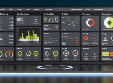 Dark-Mode Dashboard mit Kacheln für Live Monitoring, Fehlerhandling, Versionierung und Governance sowie Echtzeit-Charts und Sidebar mit Zapier-Integrationen.