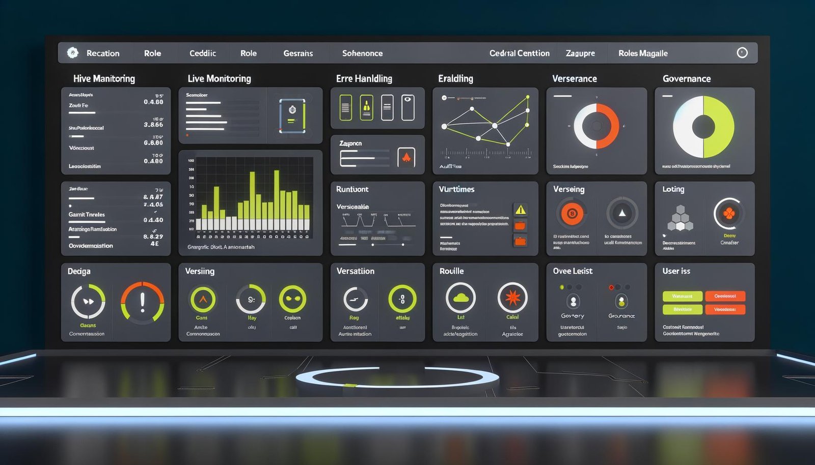 Dark-Mode Dashboard mit Kacheln für Live Monitoring, Fehlerhandling, Versionierung und Governance sowie Echtzeit-Charts und Sidebar mit Zapier-Integrationen.
