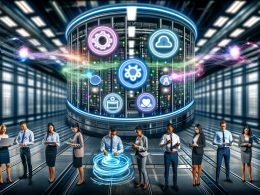Futuristischer Maschinenraum mit transparentem Daten-Interface, neonfarbenen Datenströmen, eingerissenen Silos im Hintergrund und einem Team von Business- und Marketing-Profis ohne Krawatten.