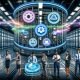Futuristischer Maschinenraum mit transparentem Daten-Interface, neonfarbenen Datenströmen, eingerissenen Silos im Hintergrund und einem Team von Business- und Marketing-Profis ohne Krawatten.
