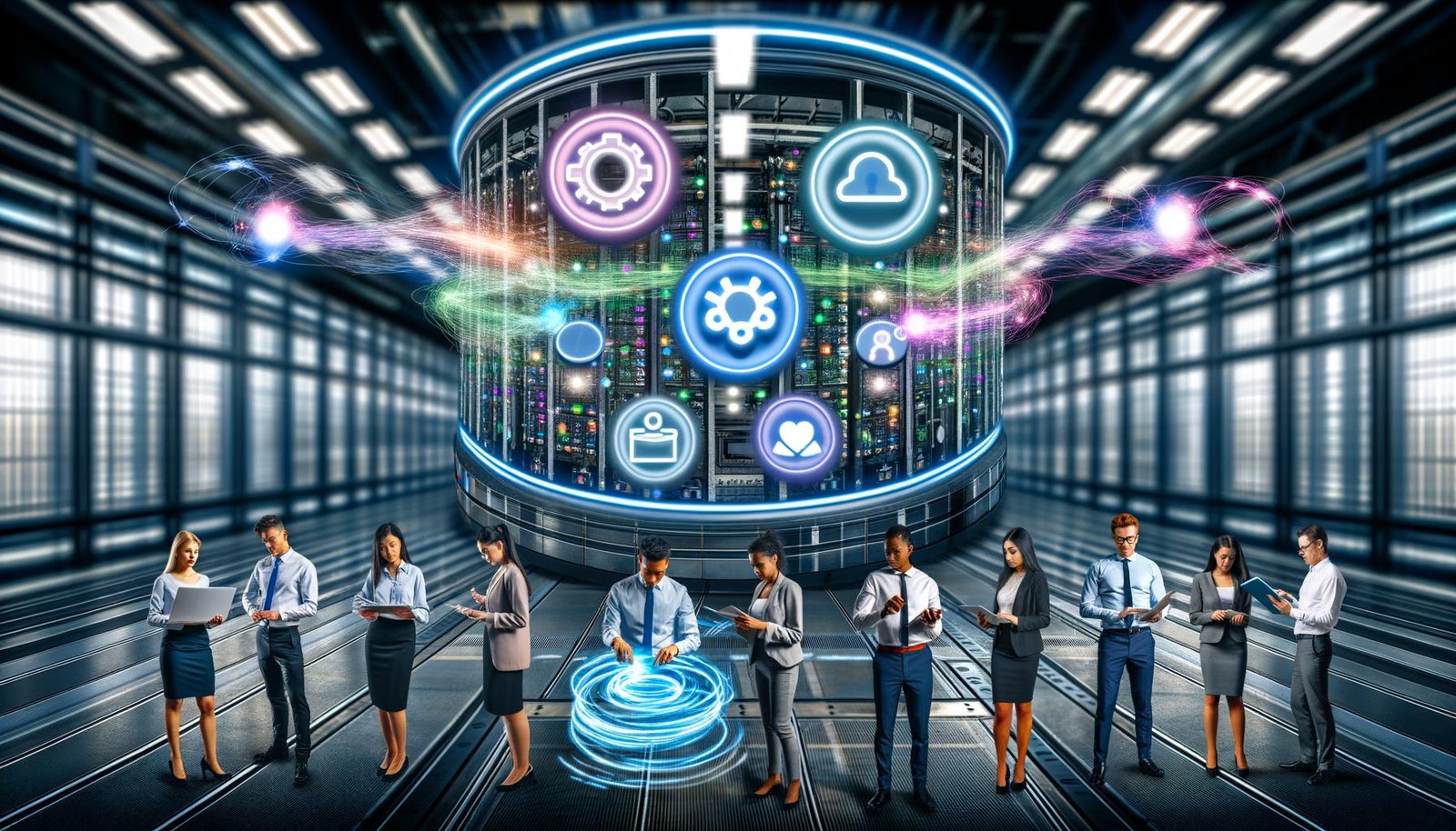 Futuristischer Maschinenraum mit transparentem Daten-Interface, neonfarbenen Datenströmen, eingerissenen Silos im Hintergrund und einem Team von Business- und Marketing-Profis ohne Krawatten.