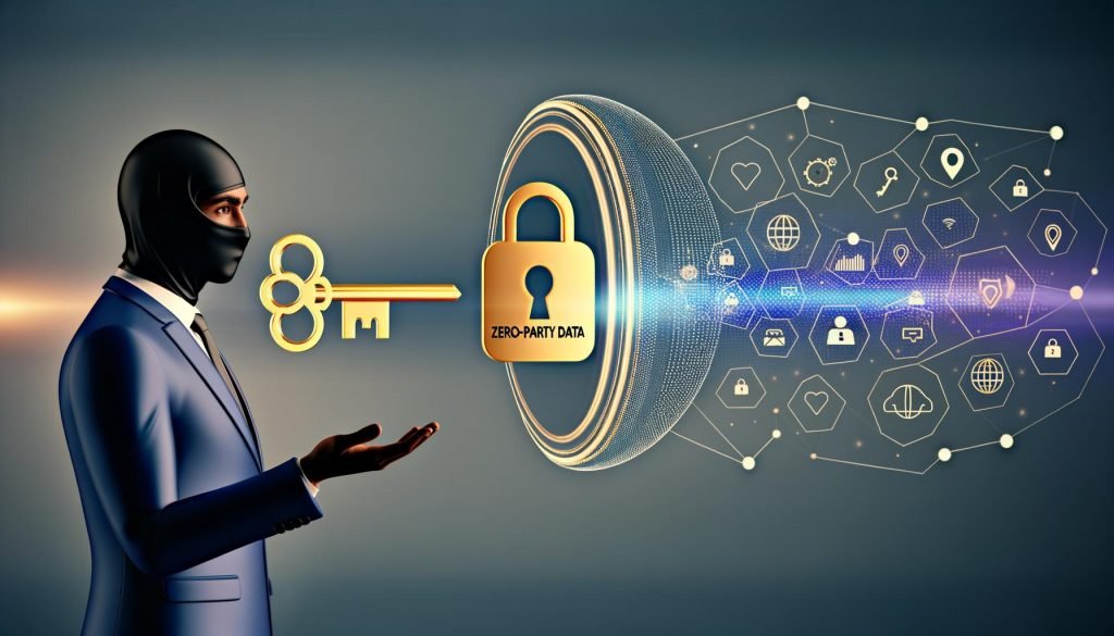 Minimalistisches, futuristisches Bild eines Geschäftsmannes, der mit einem goldenen Zero-Party-Data-Schlüssel das leuchtende LinkedIn-Logo in einem Netzwerk aus digitalen Premium-Webseiten und Apps im Datenschutzkokon öffnet.