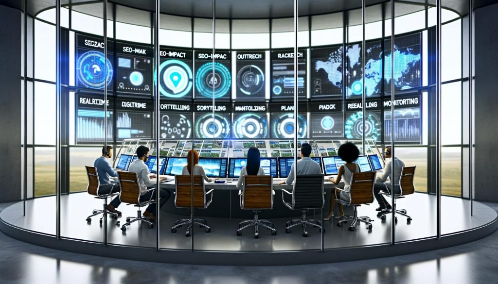 Futuristische Kommandozentrale mit Glas und Beton, riesigen Bildschirmen voller Datenströme und einem jungen PR-Team bei der digitalen Strategiearbeit.