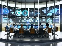Futuristische Kommandozentrale mit Glas und Beton, riesigen Bildschirmen voller Datenströme und einem jungen PR-Team bei der digitalen Strategiearbeit.