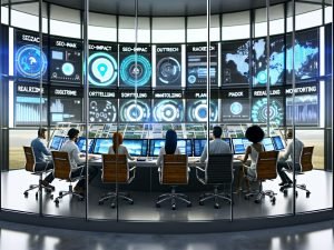 Futuristische Kommandozentrale mit Glas und Beton, riesigen Bildschirmen voller Datenströme und einem jungen PR-Team bei der digitalen Strategiearbeit.