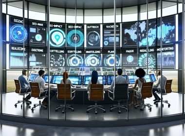 Futuristische Kommandozentrale mit Glas und Beton, riesigen Bildschirmen voller Datenströme und einem jungen PR-Team bei der digitalen Strategiearbeit.