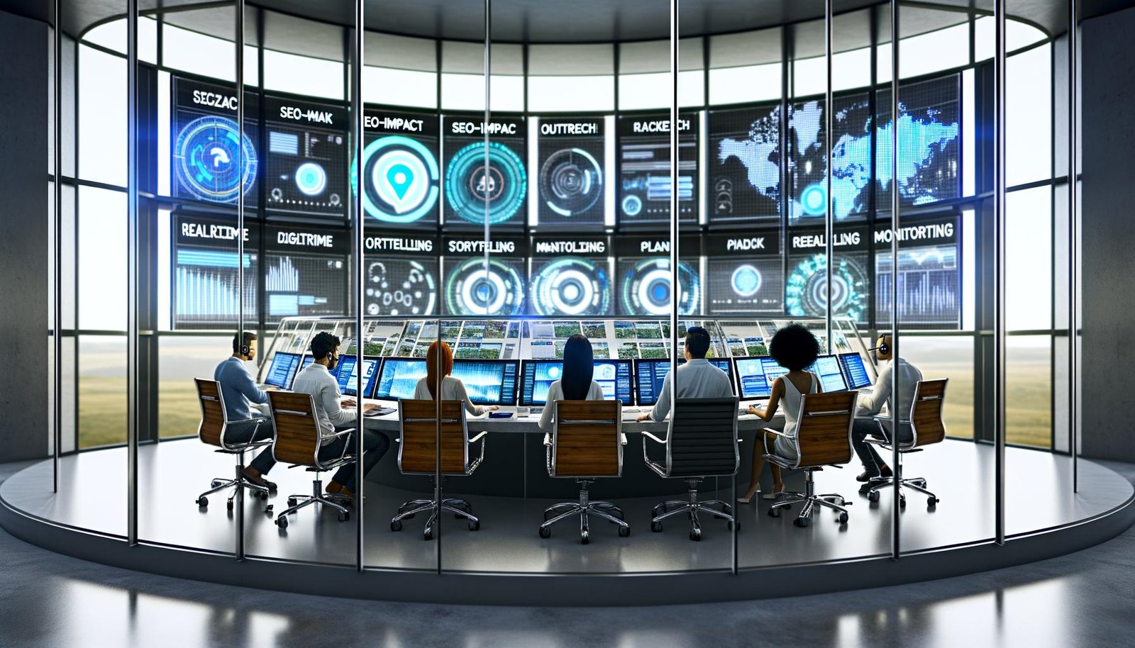 Futuristische Kommandozentrale mit Glas und Beton, riesigen Bildschirmen voller Datenströme und einem jungen PR-Team bei der digitalen Strategiearbeit.