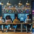 Urbanes Büro bei Nacht mit jungen Social Media Creators und Entwickler an Laptops, umgeben von digitalen Workflows, KI-Tools sowie den Logos von Instagram, TikTok und YouTube.