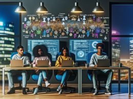 Urbanes Büro bei Nacht mit jungen Social Media Creators und Entwickler an Laptops, umgeben von digitalen Workflows, KI-Tools sowie den Logos von Instagram, TikTok und YouTube.