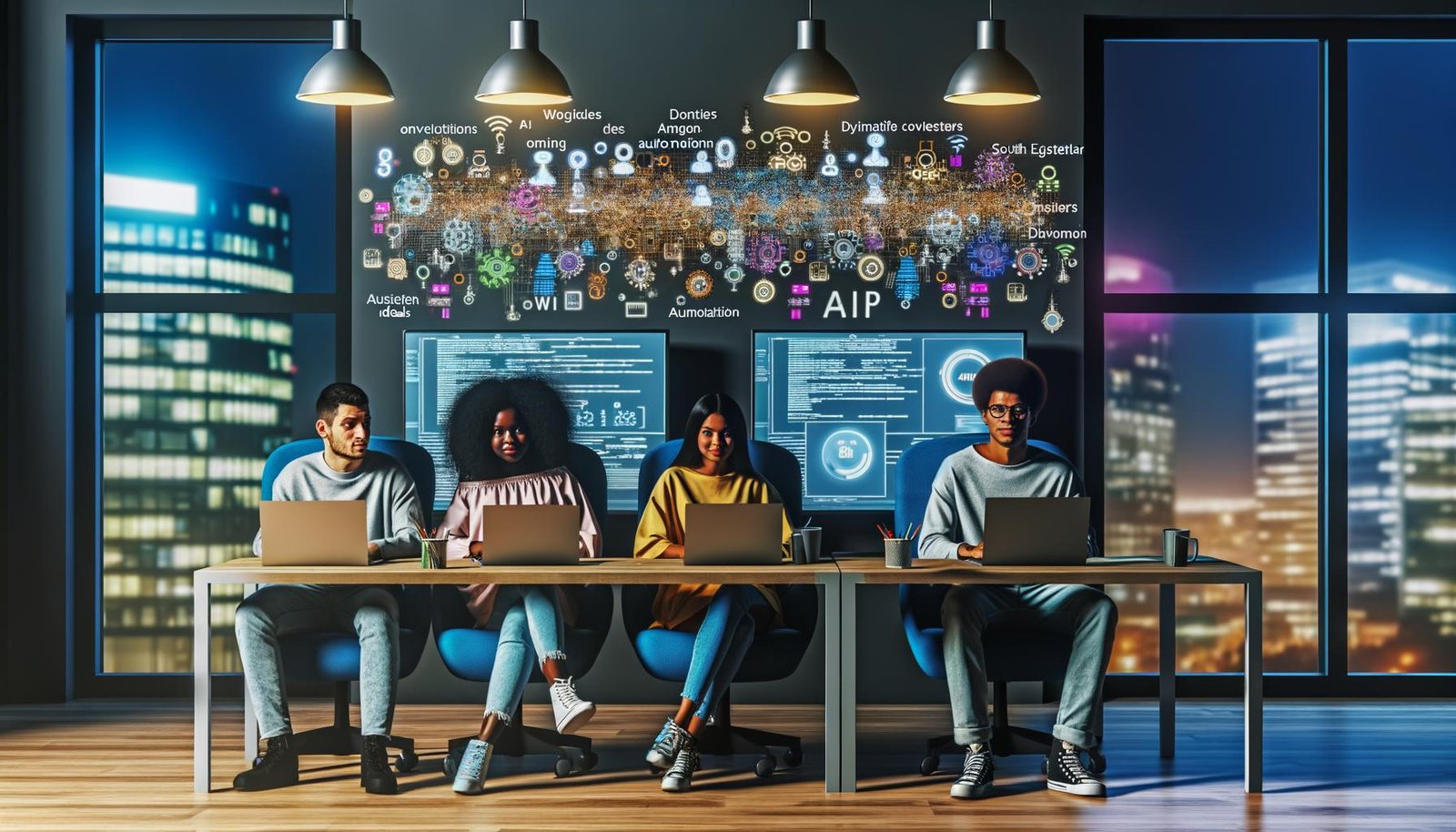 Urbanes Büro bei Nacht mit jungen Social Media Creators und Entwickler an Laptops, umgeben von digitalen Workflows, KI-Tools sowie den Logos von Instagram, TikTok und YouTube.