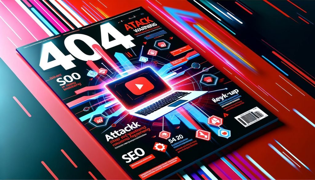 Modernes Magazin-Titelbild mit Laptop, YouTube-Logo, SEO-Symbolen, Datenströmen, Keyword-Tags und SERP-Ausschnitten im digitalen Look