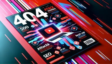 Modernes Magazin-Titelbild mit Laptop, YouTube-Logo, SEO-Symbolen, Datenströmen, Keyword-Tags und SERP-Ausschnitten im digitalen Look