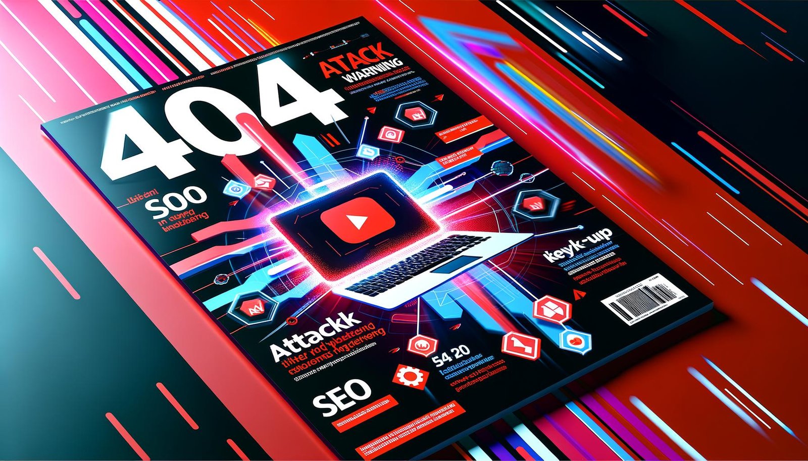 Modernes Magazin-Titelbild mit Laptop, YouTube-Logo, SEO-Symbolen, Datenströmen, Keyword-Tags und SERP-Ausschnitten im digitalen Look