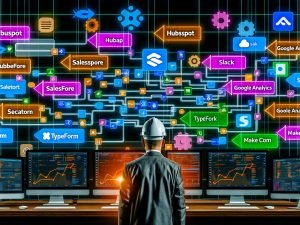 Futuristischer Workspace mit Monitorwänden, die komplexe Zapier-Workflows und bunte Datenflüsse zwischen SaaS-Logos zeigen; ein Architekt mit Bauhelm steht vor einem digitalen Whiteboard voller Trigger, Webhooks und Monitoring-Alerts.