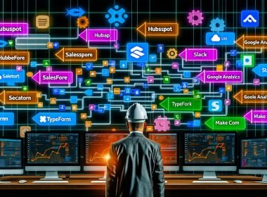Futuristischer Workspace mit Monitorwänden, die komplexe Zapier-Workflows und bunte Datenflüsse zwischen SaaS-Logos zeigen; ein Architekt mit Bauhelm steht vor einem digitalen Whiteboard voller Trigger, Webhooks und Monitoring-Alerts.